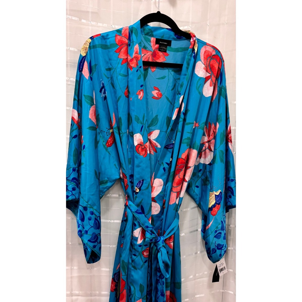 Natori Womens Floral Long Robe Turquoise Blue Red‎ Flower Butterfly Kimono Large